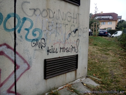 Kromě nápisu "Kill muslims" (z angl. zabijte muslimy) je opět vidět, že dříve na místě sprejovali příznivci radikální pravice, neboť je zde napsáno "Good Night Left Side".
